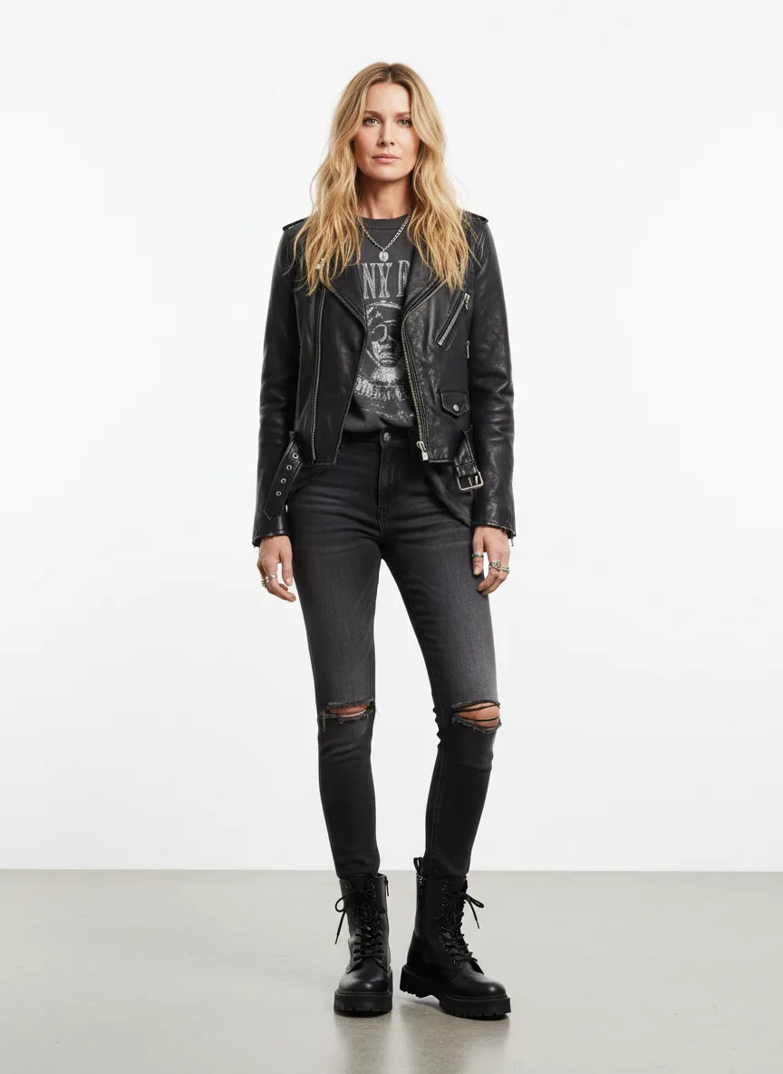 Casual Outfit Idea: Woman's distressed black leather jacket (complements blonde hair, light skin)
