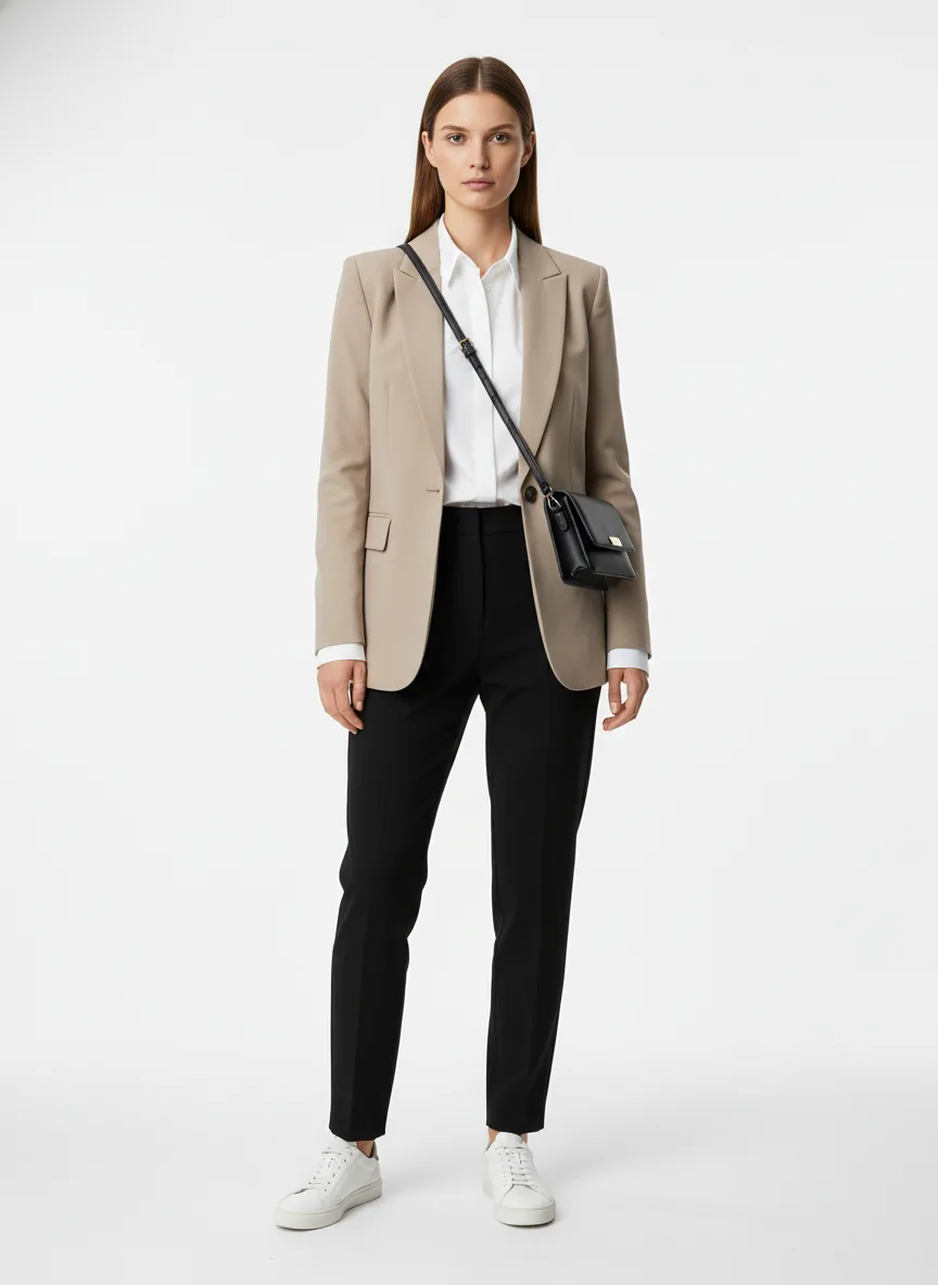 Meeting Outfit Idea: Woman tailored blazer (neutral beige)