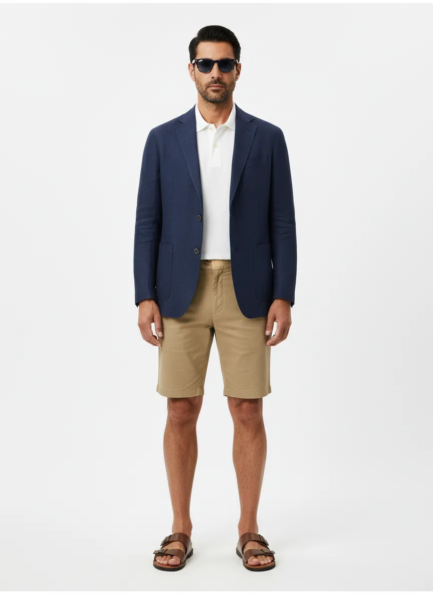 Beach-day Outfit Idea: Man's navy blue linen blazer