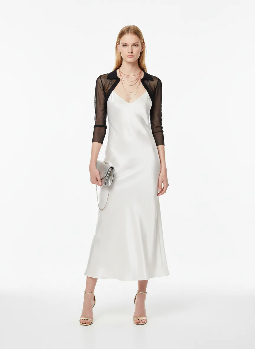 Nightclub Outfit Idea: Woman's white satin slip dress