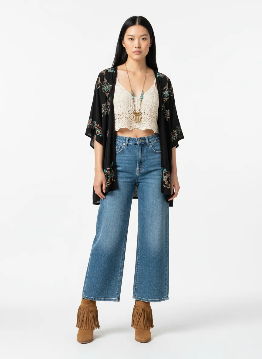 Casual Outfit Idea: Woman black embroidered kimono cardigan