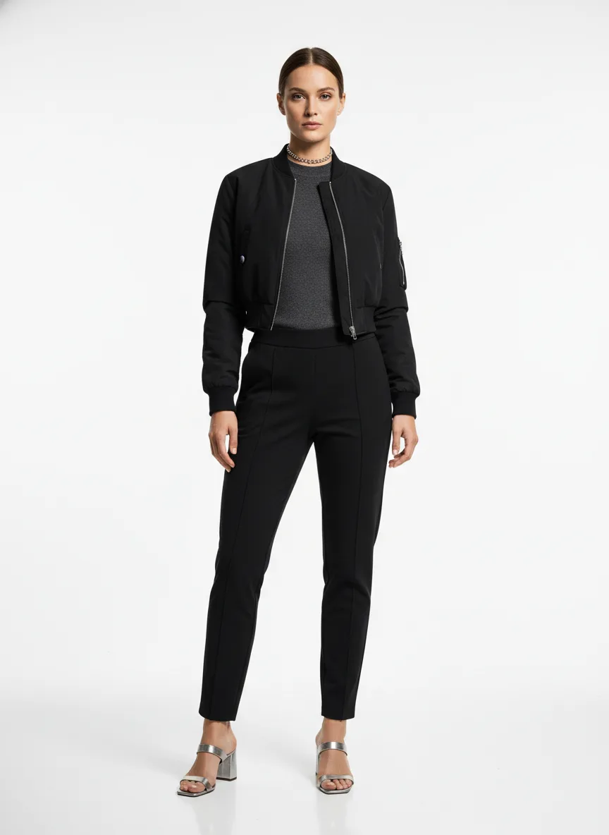 Cocktails Outfit Idea: Woman black cropped bomber jacket