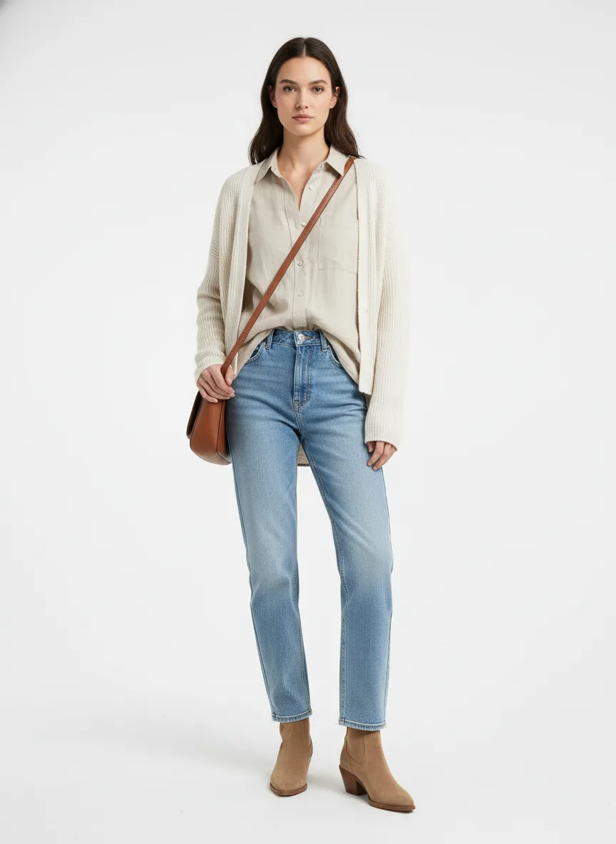 Casual Outfit Idea: Girl fair-skin brunette soft beige oversized linen shirt