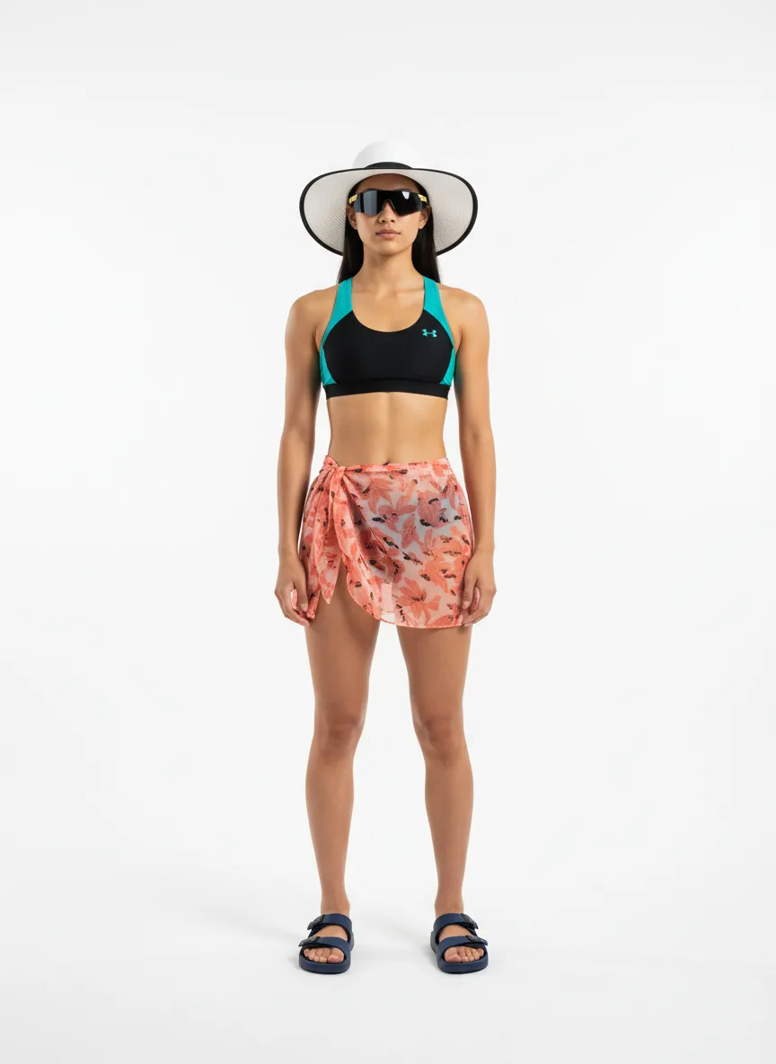 Beach-day Outfit Idea: Woman black athletic bikini (complementary teal accents)