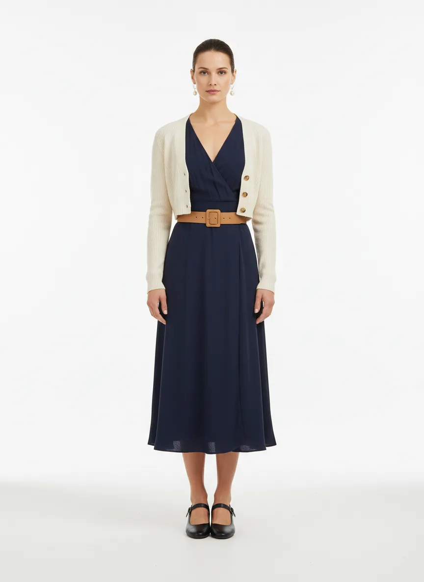 Date-night Outfit Idea: Woman's vintage-inspired wrap midi dress (navy blue)