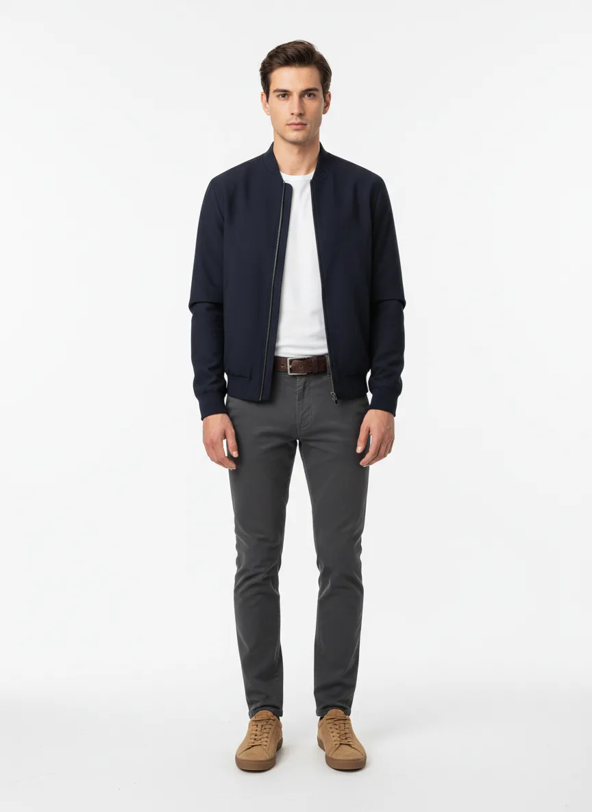 Casual Outfit Idea: Man's navy blue bomber jacket (compliments brunette hair)