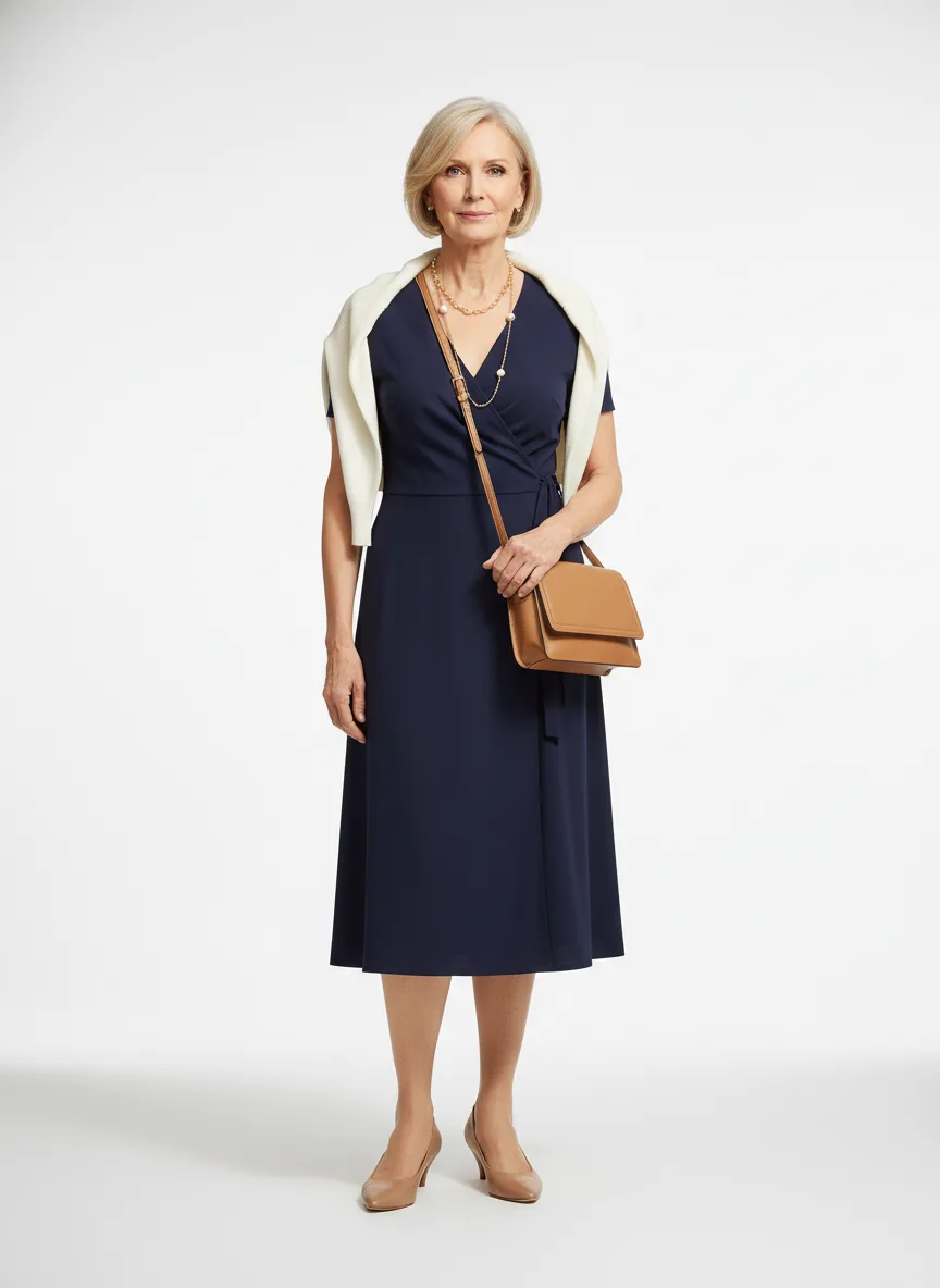 Birthday-party Outfit Idea: Woman navy blue wrap dress