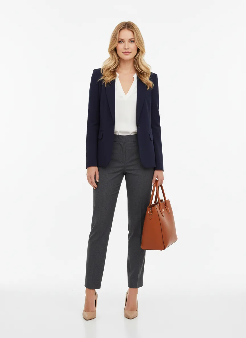 Meeting Outfit Idea: Woman navy blue blazer (compliments blonde hair)