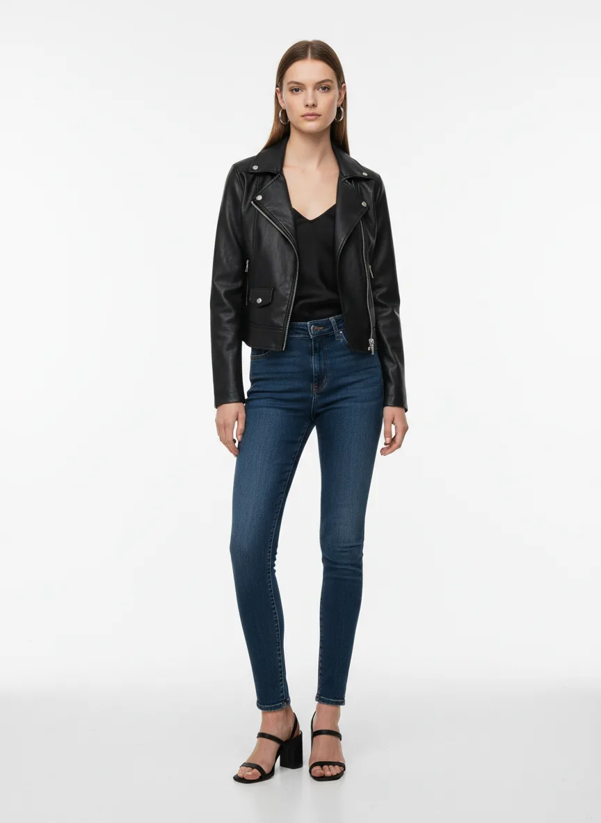 Nightclub Outfit Idea: Woman black faux leather moto jacket