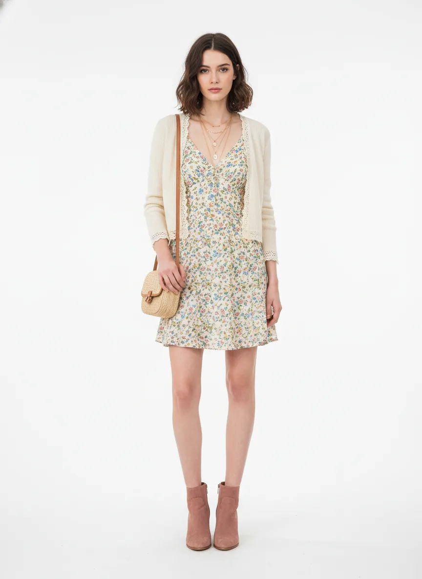 Casual Outfit Idea: Girl fair-skinned brunette floral tea dress