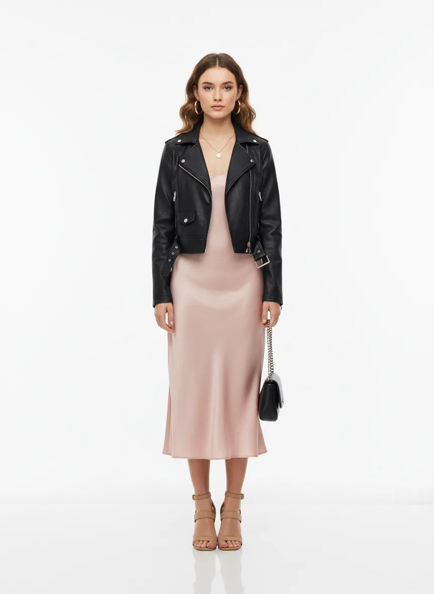 Date-night Outfit Idea: Woman's blush satin slip dress