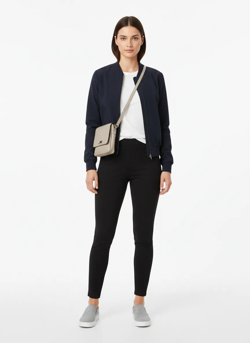 Casual Outfit Idea: Woman brunette-friendly light-skin complimenting navy blue bomber jacket