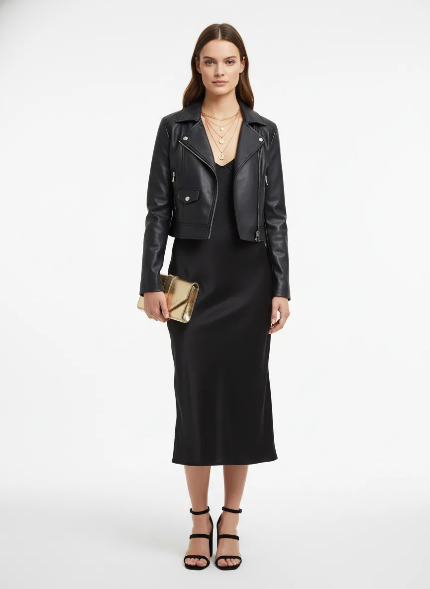 Nightclub Outfit Idea: Woman's black satin slip dress