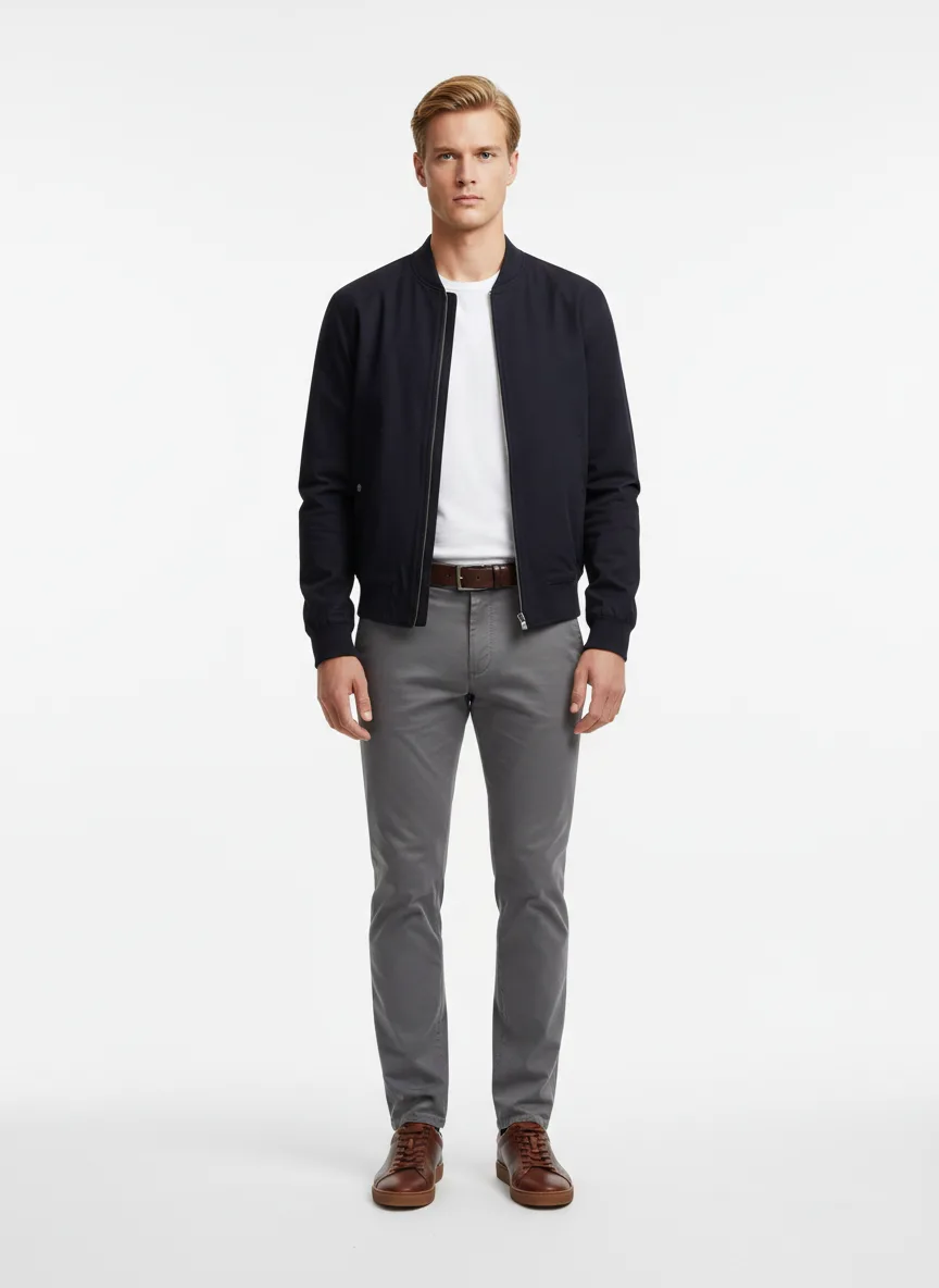 Casual Outfit Idea: Man navy blue cotton bomber jacket (compliments blonde hair)