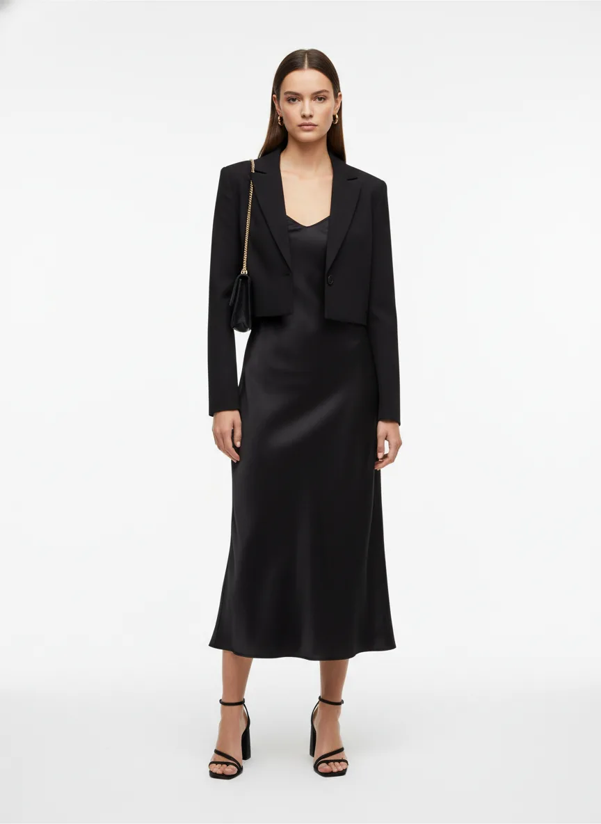 Nightclub Outfit Idea: Woman black satin slip dress