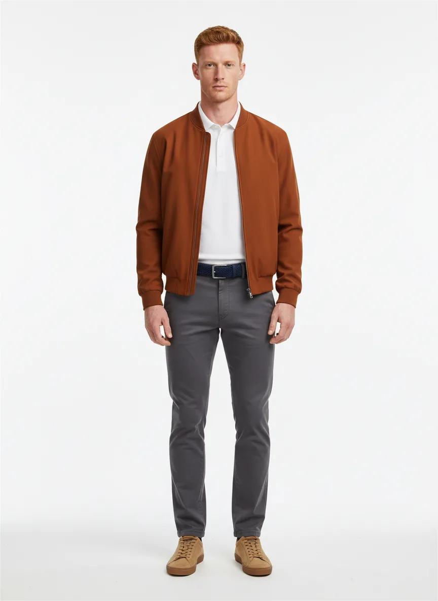 Casual Outfit Idea: Man’s rust-brown bomber jacket