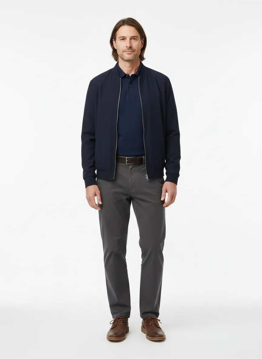 Casual Outfit Idea: Man’s navy blue cotton polo (compliments fair skin, brunette hair)