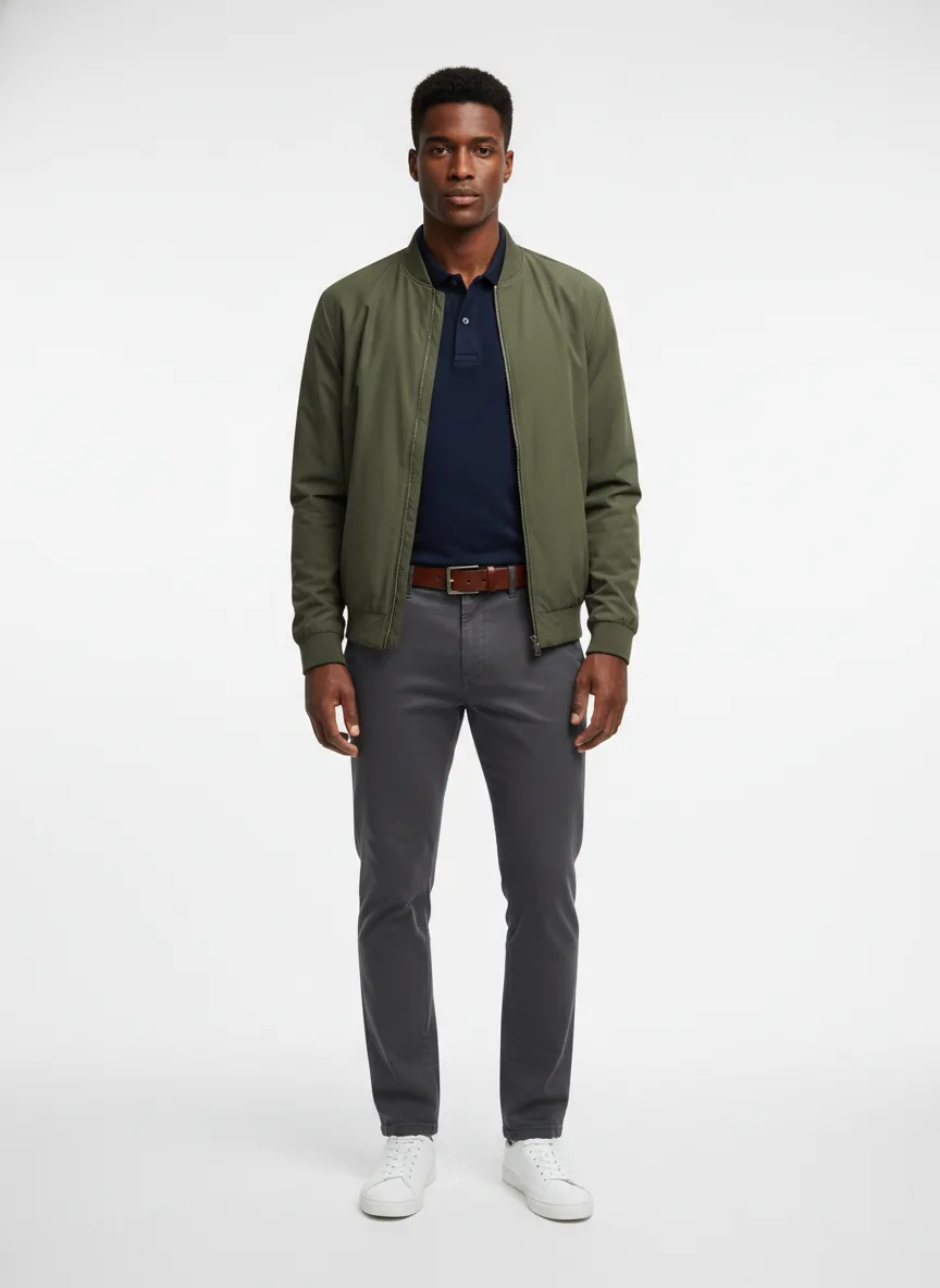 Casual Outfit Idea: Man’s deep-navy blue cotton polo