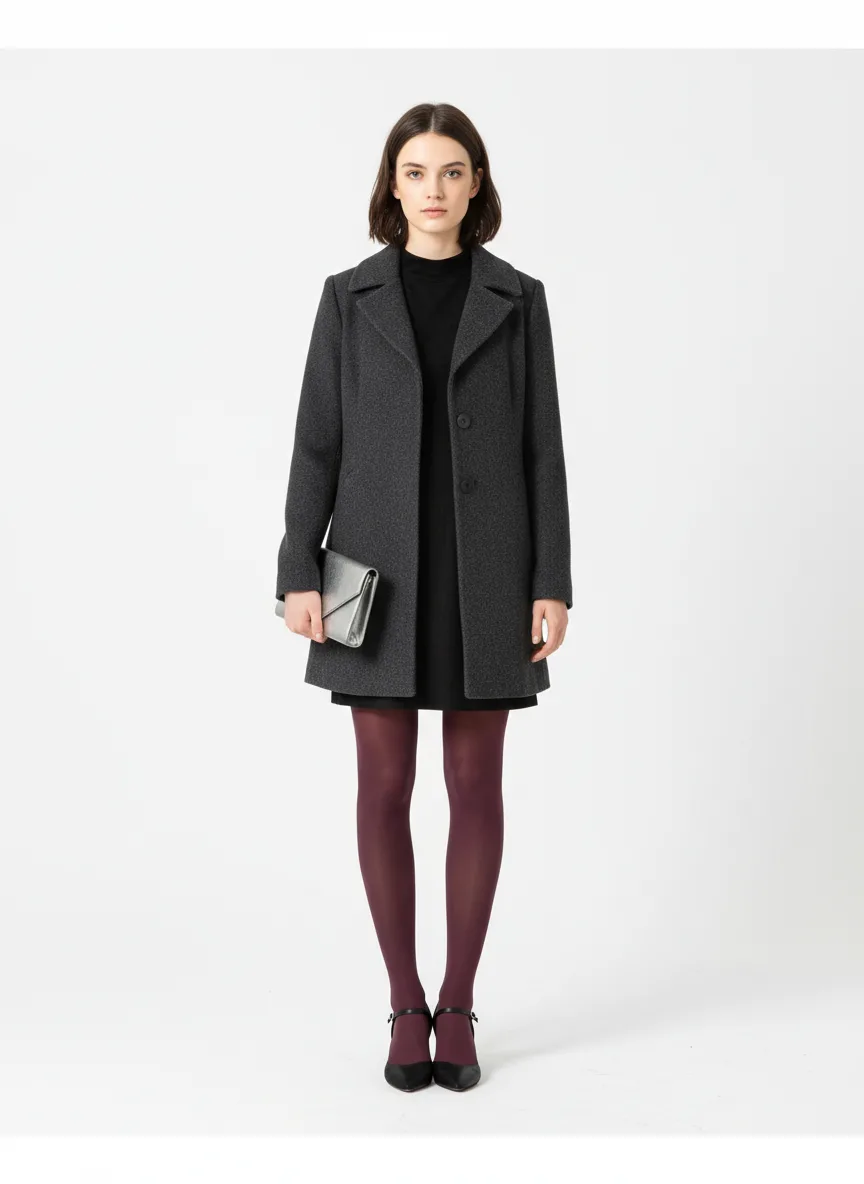 Cocktails Outfit Idea: Woman fair-skin brunette-friendly charcoal wool blend pea coat