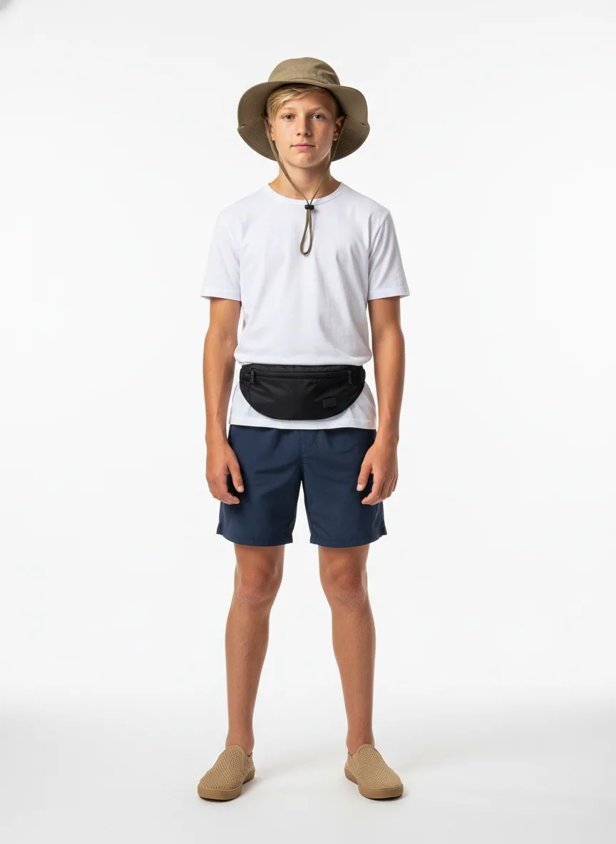 Travelling Outfit Idea: Boy light-skin blonde-hair breathable white cotton tee