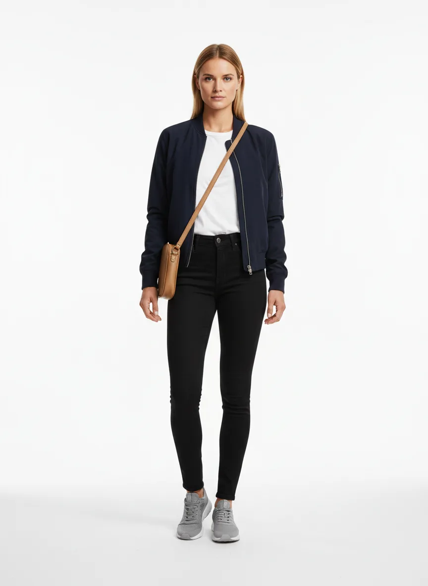 Casual Outfit Idea: Woman light-blonde complement navy blue bomber jacket