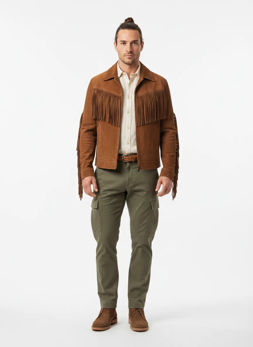 Casual Outfit Idea: Man’s brown suede fringe jacket (complements fair skin & brunette)