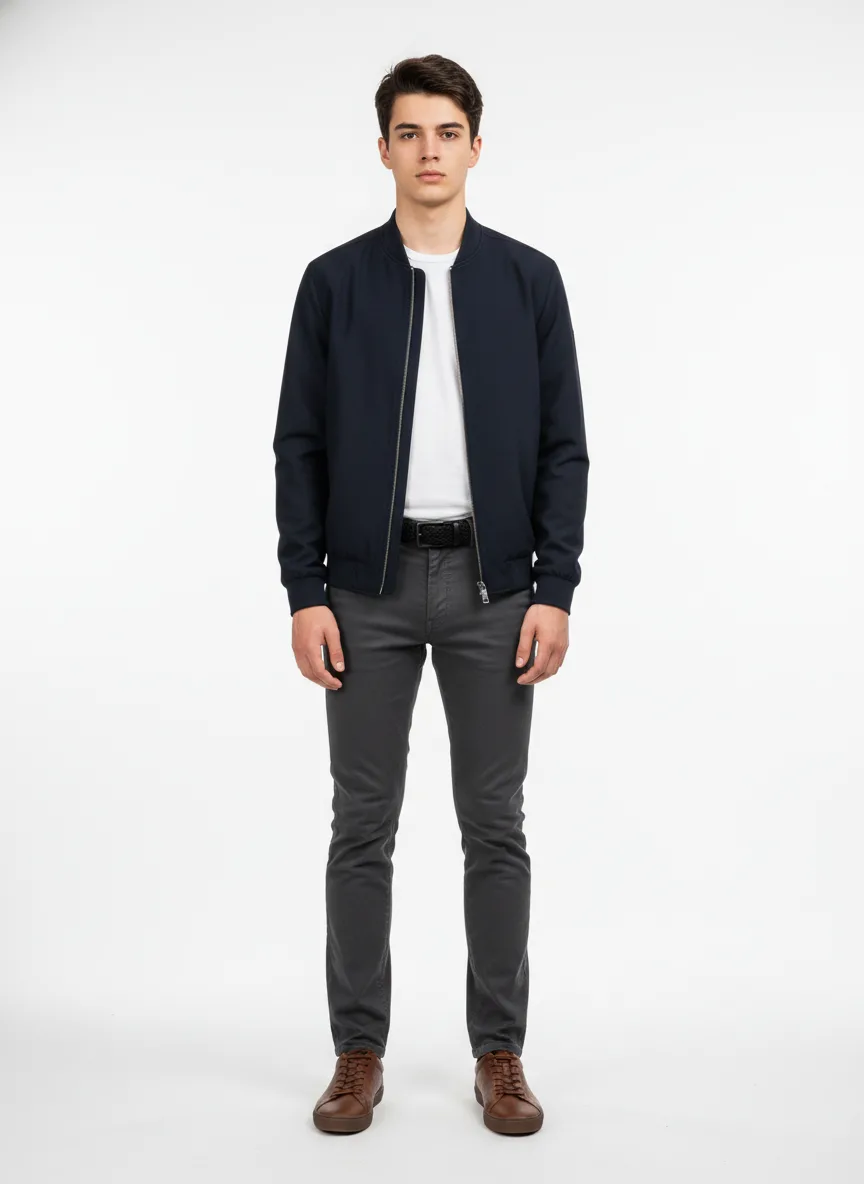 Casual Outfit Idea: Man’s navy blue bomber jacket (complements brunette hair)