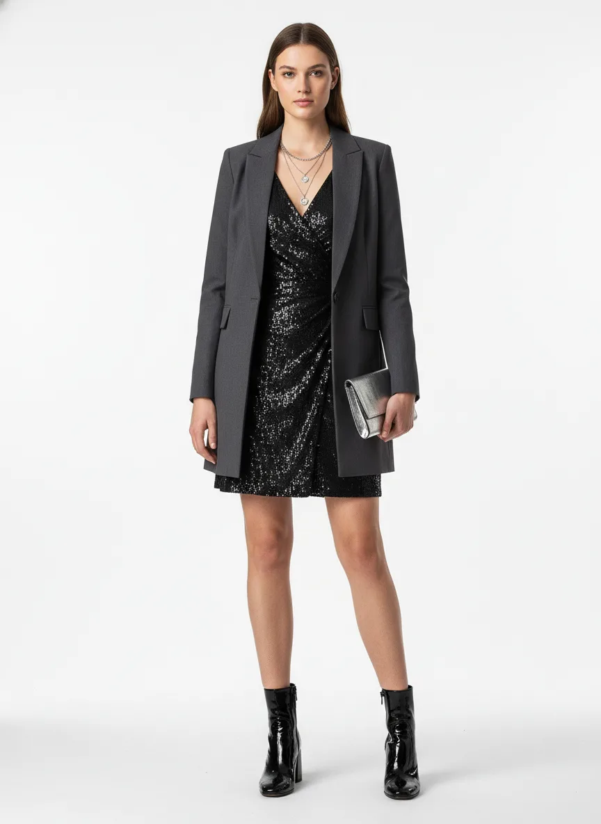 Nightclub Outfit Idea: Woman's sequined wrap dress (black with silver accents)