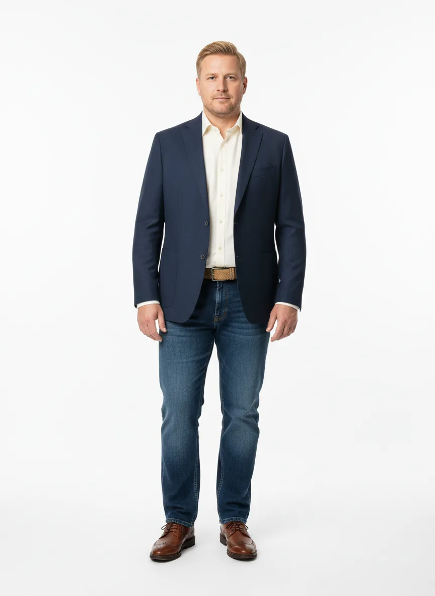 Casual Outfit Idea: Man’s navy blue blazer (compliments light skin, blonde hair)