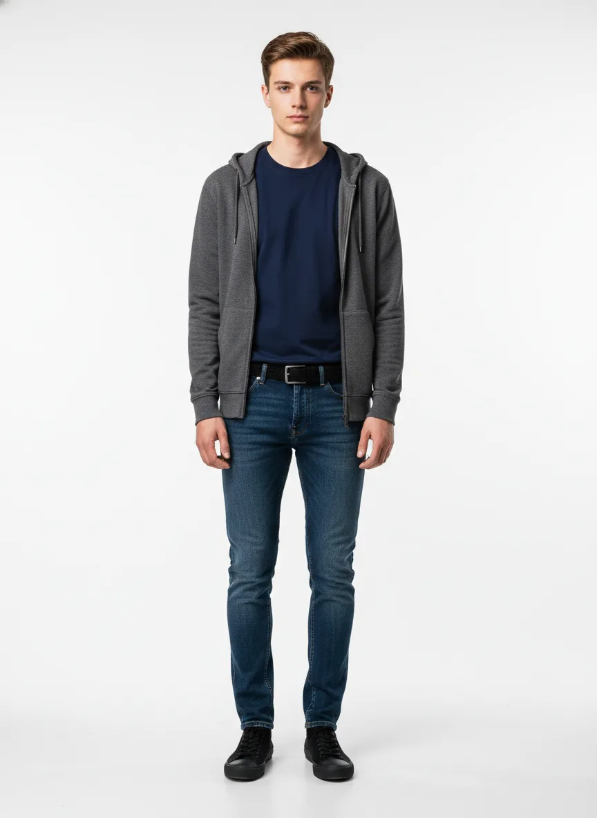 Casual Outfit Idea: Man’s navy blue cotton crewneck t-shirt