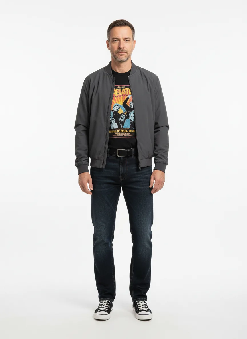 Concert Outfit Idea: Mans charcoal lightweight bomber jacket