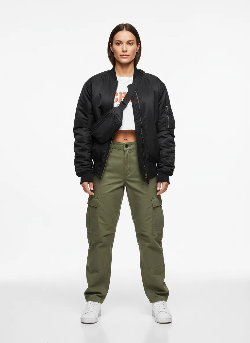 Casual Outfit Idea: Woman oversized black bomber jacket