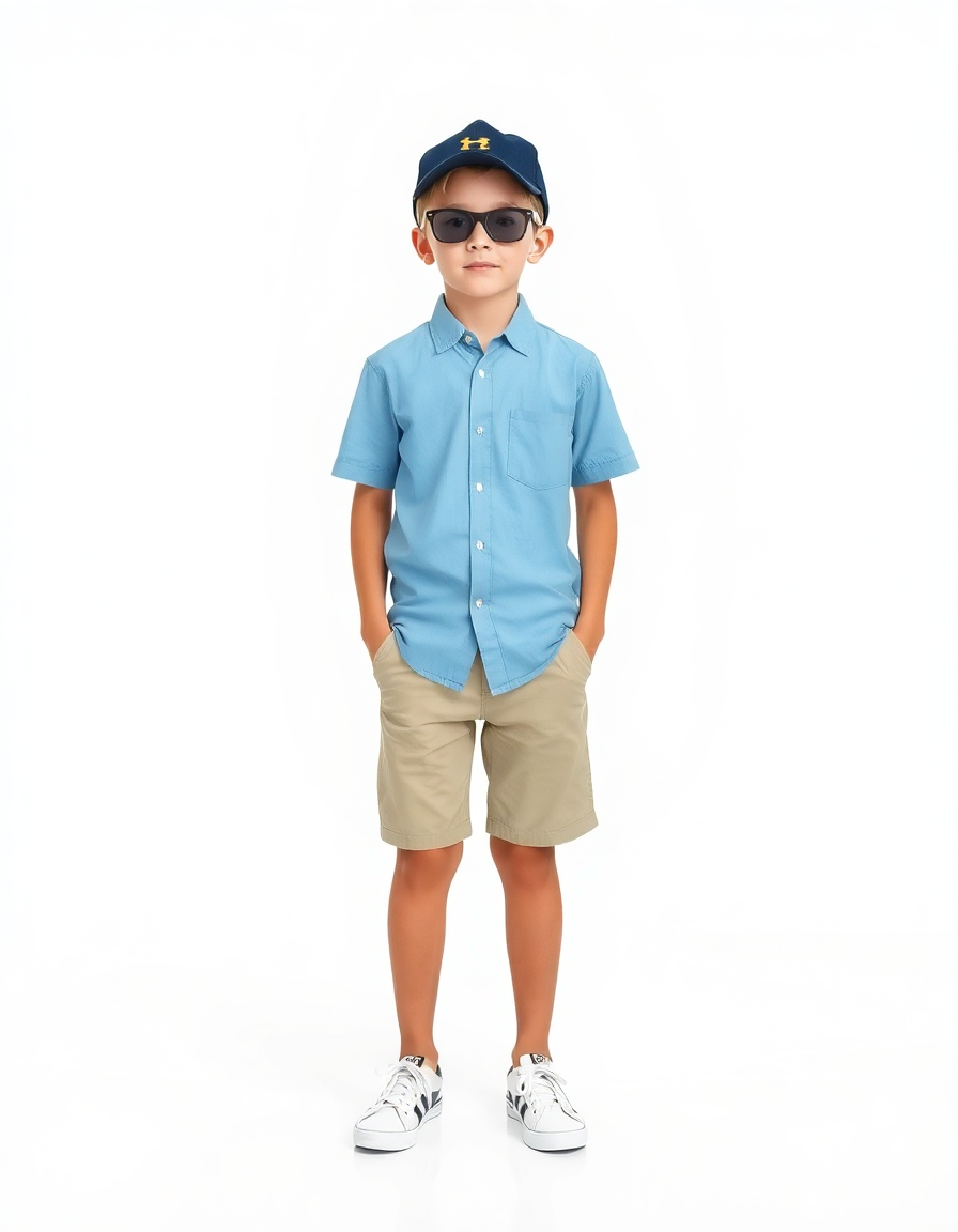 Travelling Outfit Idea: Boys light blue short-sleeve button-up shirt