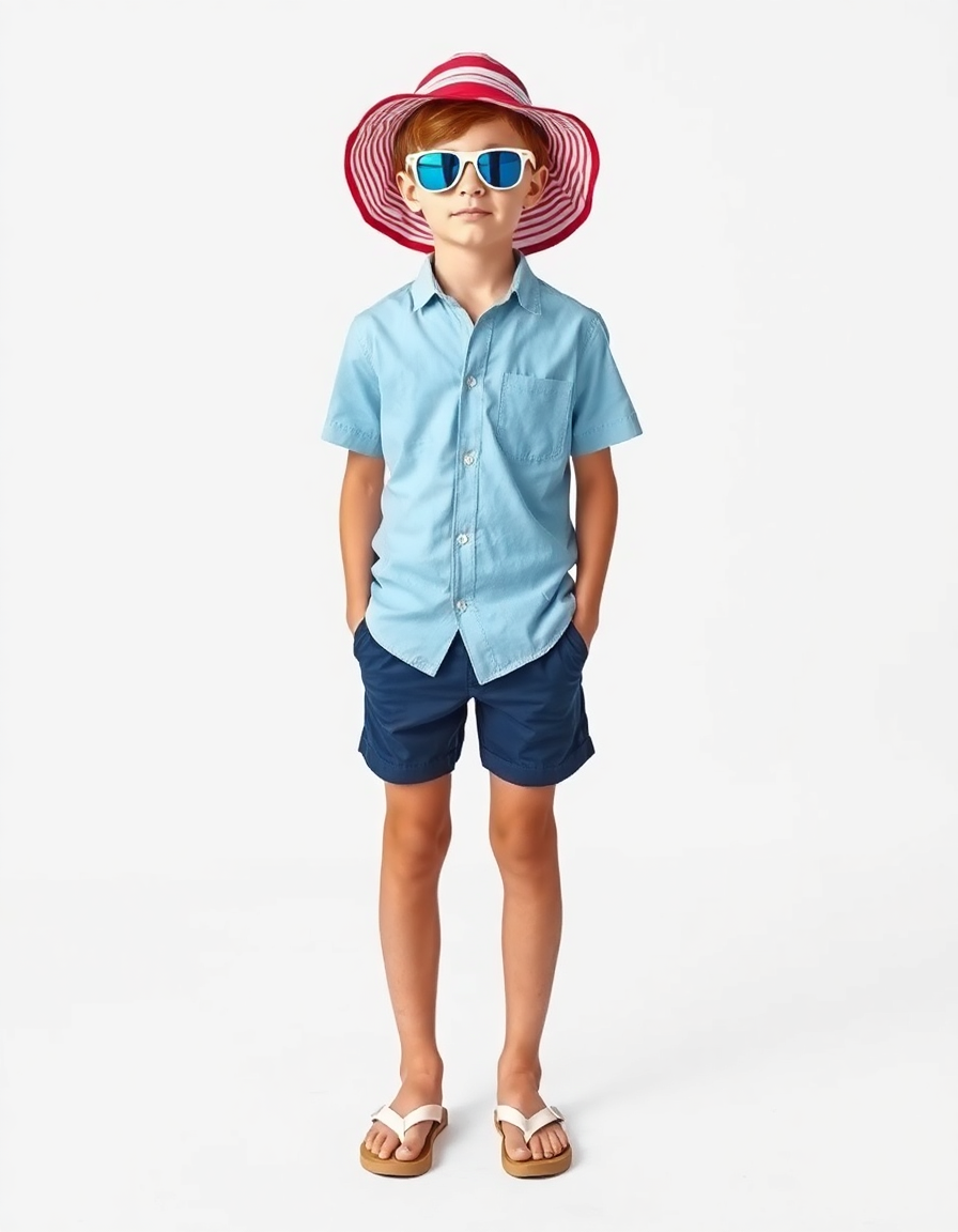 Beach-day Outfit Idea: Boys light blue short-sleeve button-up shirt