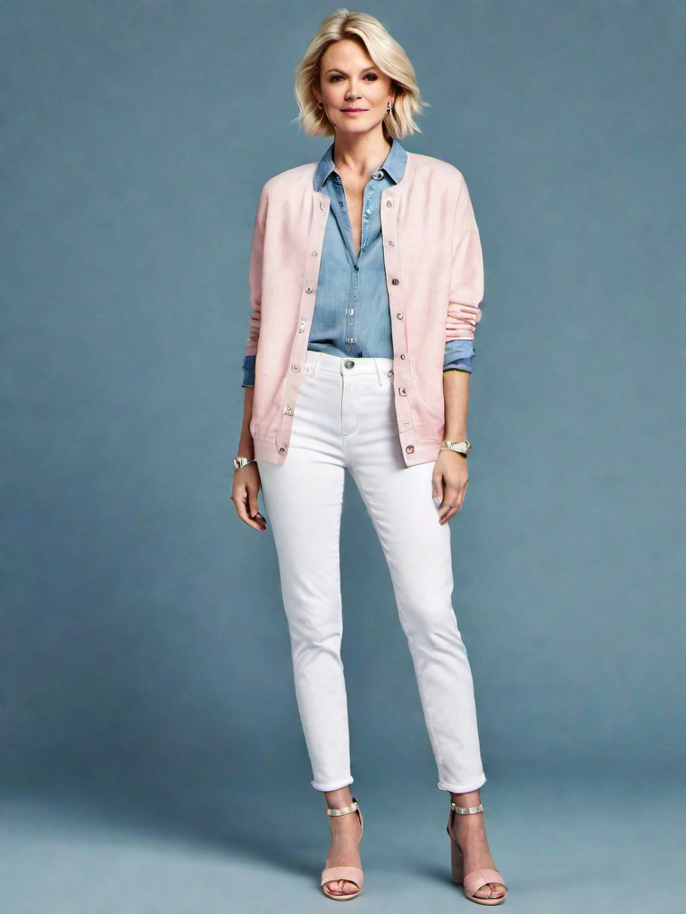 Outfit Idea for 45 year old Woman, Thin body-type, Short height, Fair skin, Blonde hair