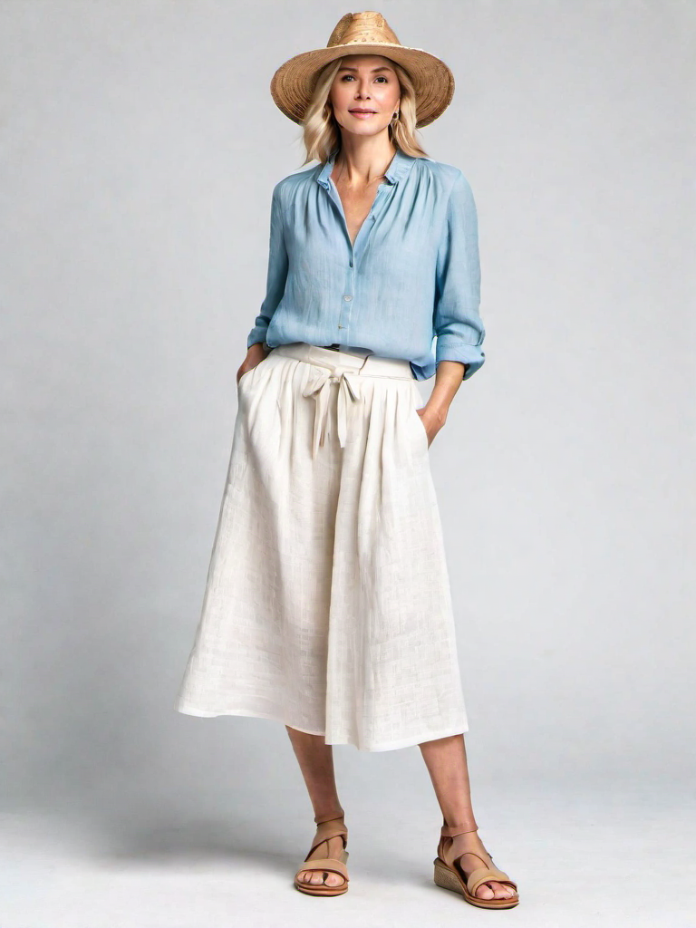 Outfit Idea for 45 year old Woman, Thin body-type, Short height, Fair skin, Blonde hair