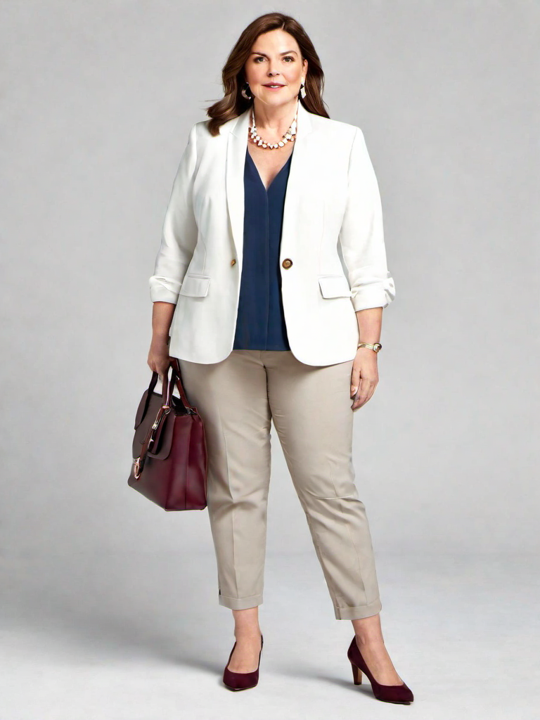 Outfit Idea for 50 year old Woman, Few-extra-pounds, Tall height, Fair skin, Light skin, Brunette hair